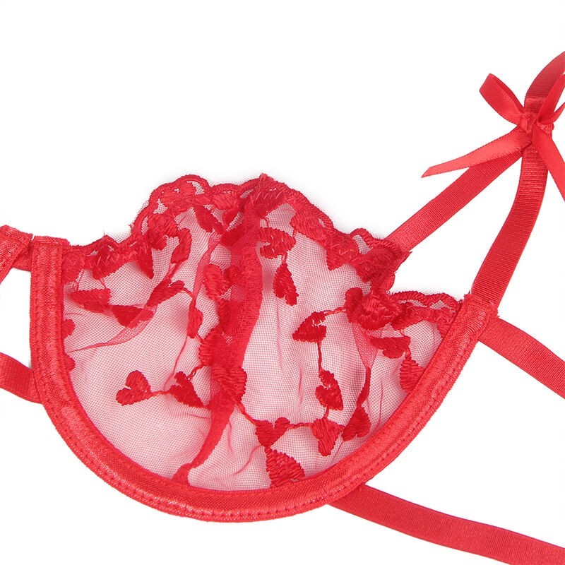 SOUTIEN-GORGE + STRING + PORTE-JARRETELLES IMPRIMÉ COEUR ROUGE S/M - SUBBLIME