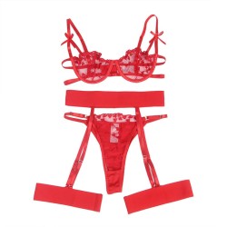 SOUTIEN-GORGE + STRING + PORTE-JARRETELLES IMPRIMÉ COEUR ROUGE S/M - SUBBLIME