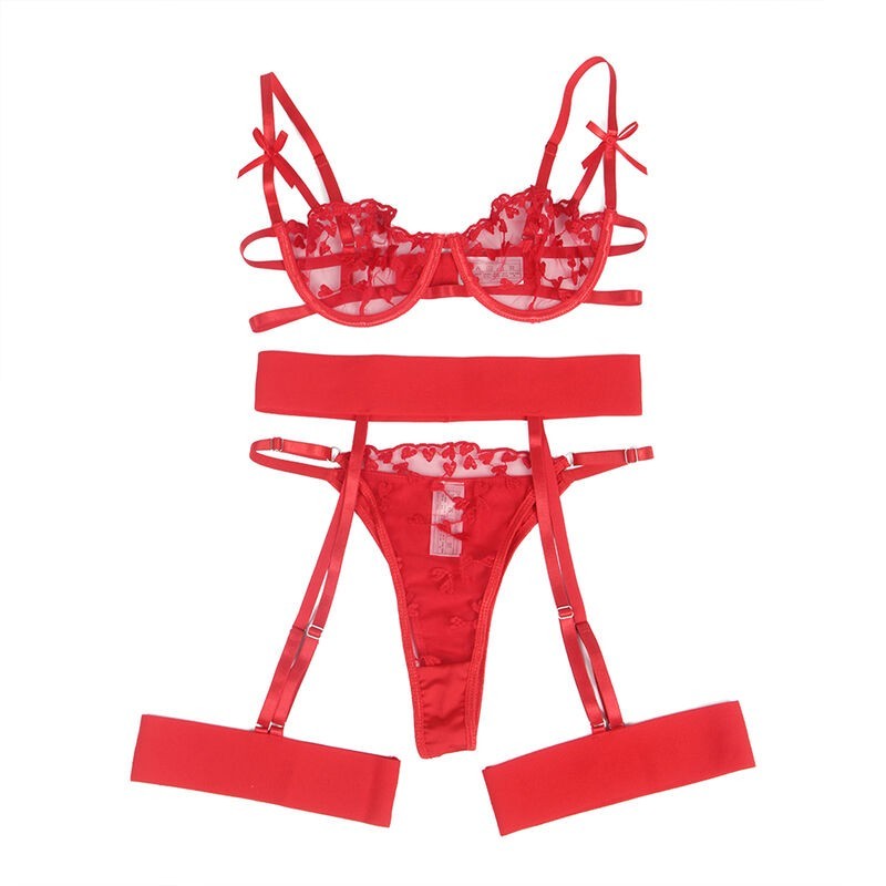 SOUTIEN-GORGE + STRING + PORTE-JARRETELLES IMPRIMÉ COEUR ROUGE S/M - SUBBLIME