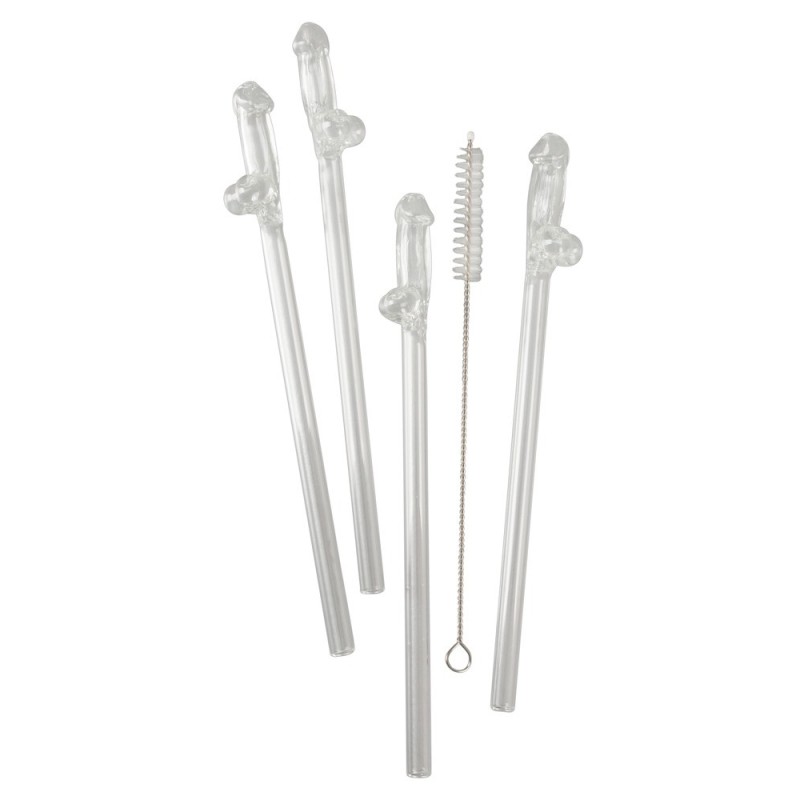 Paille en Verre en Forme de Pénis avec Brosse de Nettoyage Willy - 4 pièces