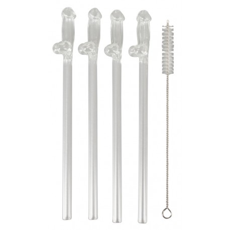 Paille en Verre en Forme de Pénis avec Brosse de Nettoyage Willy - 4 pièces