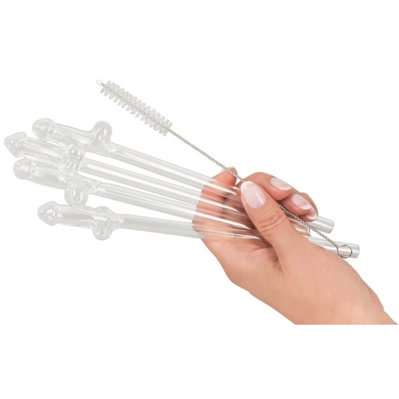 Paille en Verre en Forme de Pénis avec Brosse de Nettoyage Willy - 4 pièces