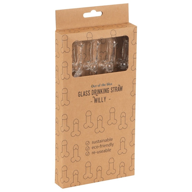Paille en Verre en Forme de Pénis avec Brosse de Nettoyage Willy - 4 pièces