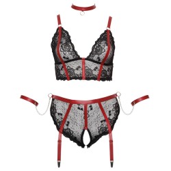 Ensemble Soutien-gorge, slip à jarretelles ouvert, collier et 2 bracelets- Cottelli BONDAGE PLUS - XL