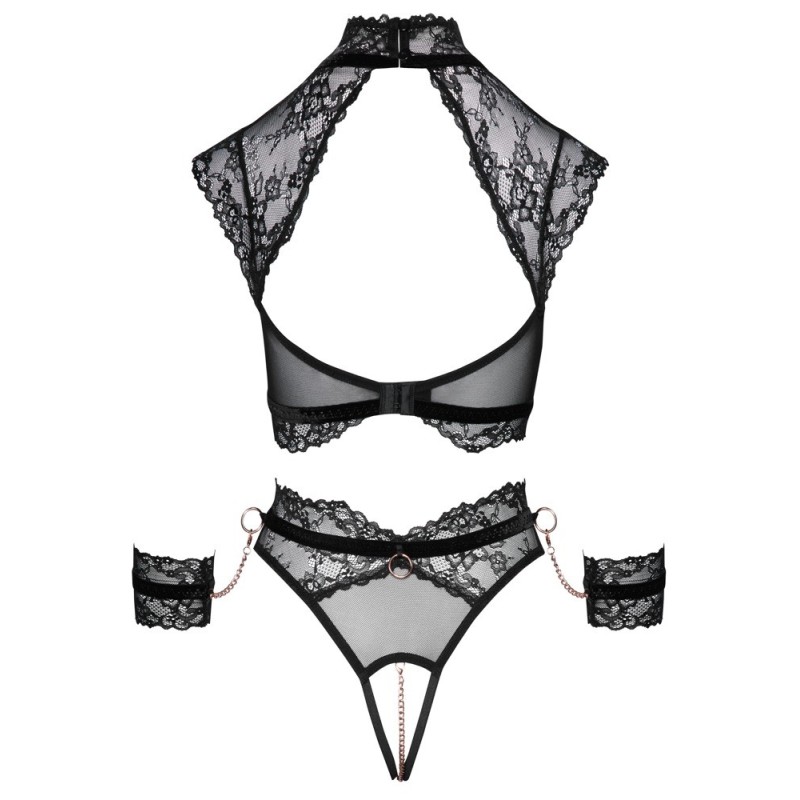 Ensemble noir de Cottelli BONDAGE avec soutien-gorge, slip ouvert et deux menottes douces Taille S