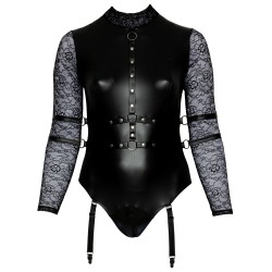 Body de Cottelli BONDAGE PLUS aux détails soyeux dans un look mat avec de longues manches en dentelle