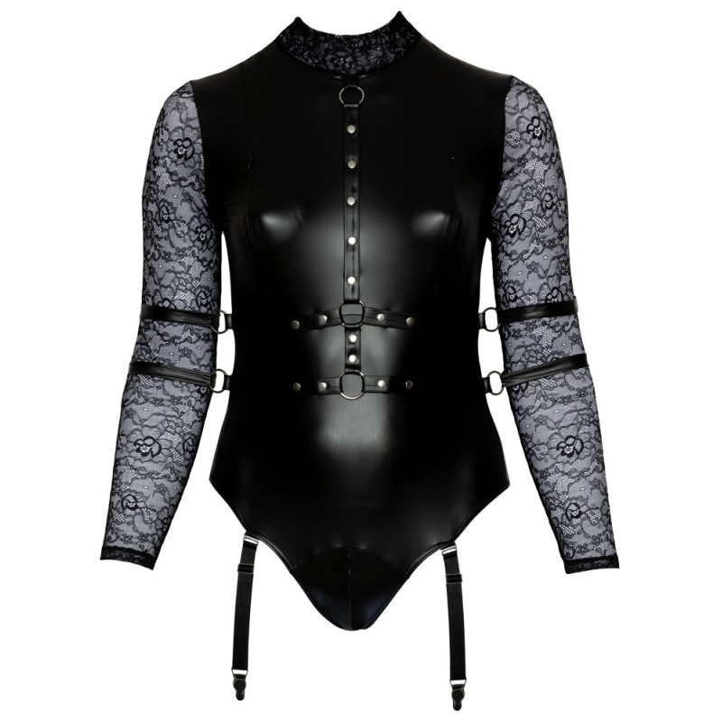 Body de Cottelli BONDAGE PLUS aux détails soyeux dans un look mat avec de longues manches en dentelle