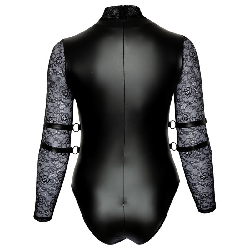 Body de Cottelli BONDAGE PLUS aux détails soyeux dans un look mat avec de longues manches en dentelle