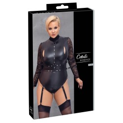 Body de Cottelli BONDAGE PLUS aux détails soyeux dans un look mat avec de longues manches en dentelle