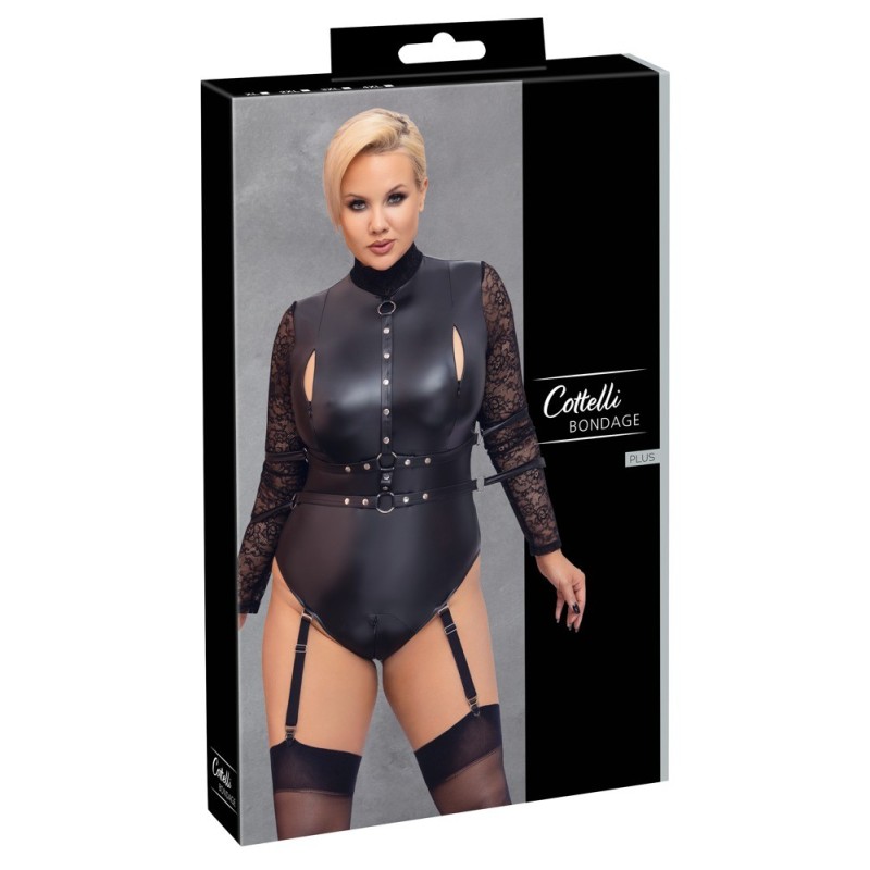 Body de Cottelli BONDAGE PLUS aux détails soyeux dans un look mat avec de longues manches en dentelle