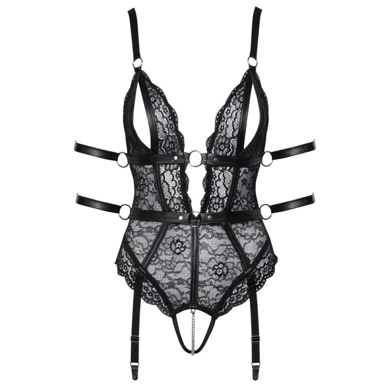 Body en dentelle ouvert de Cottelli BONDAGE avec 2 jarretelles amovibles et 4 liens de fixation.