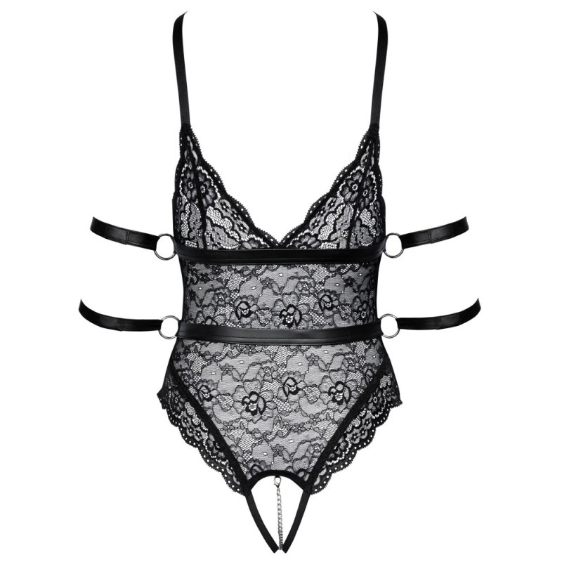 Body en dentelle ouvert de Cottelli BONDAGE avec 2 jarretelles amovibles et 4 liens de fixation.