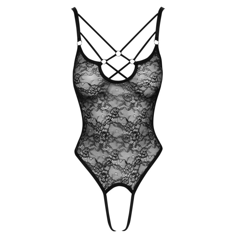 Body string ouvert de Cottelli LINGERIE en fine dentelle florale noire