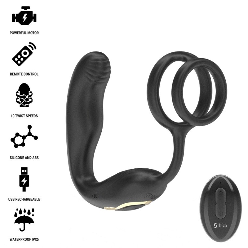 Plug anal rotatif télécommandé WIGGLE avec vibrations périnéales et anneaux rehaussant le pénis- IBIZA -