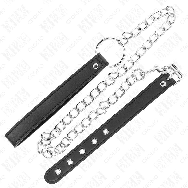 ANNEAU PÉNIS EN CUIR 21,5 X 2 CM AVEC CHAÎNE EN MÉTAL DE 60 CM ET SANGLE EN CUIR - KINK -