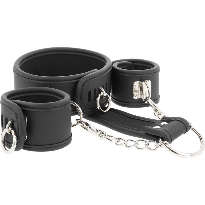 FETISH SUBMISSIVE - COLLIER ET MENOTTES EN CUIR VÉGAN AVEC DOUBLURE