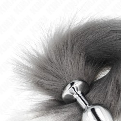 KINK - PLUG ANAL TAILLE S 7 X 3 CM AVEC QUEUE SYNTHÉTIQUE 40 CM GRIS ET BLANC