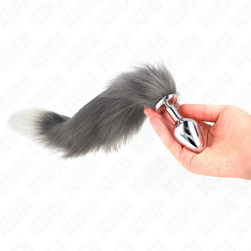 KINK - PLUG ANAL TAILLE L 10 X 4 CM AVEC QUEUE SYNTHÉTIQUE 40 CM GRIS ET BLANC
